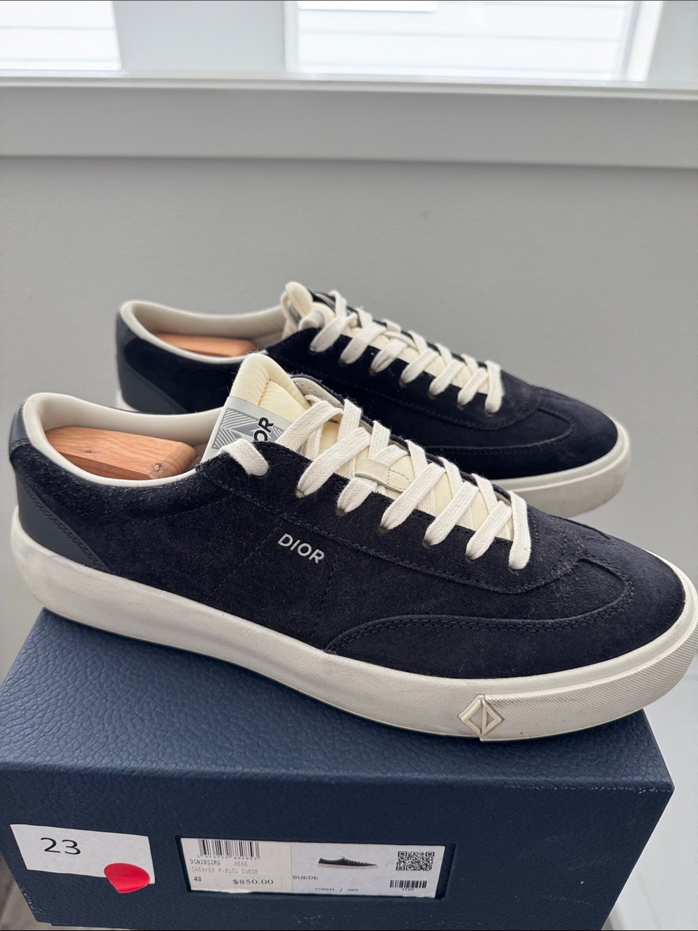 Dior Men's Navy Suede Low-Top Sneakers with Cream Accents, size 43